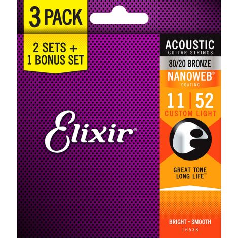 ELIXIR Nanoweb 16538 11 - 52 Acoustic Guitar Strings Bonus Pack Bronze