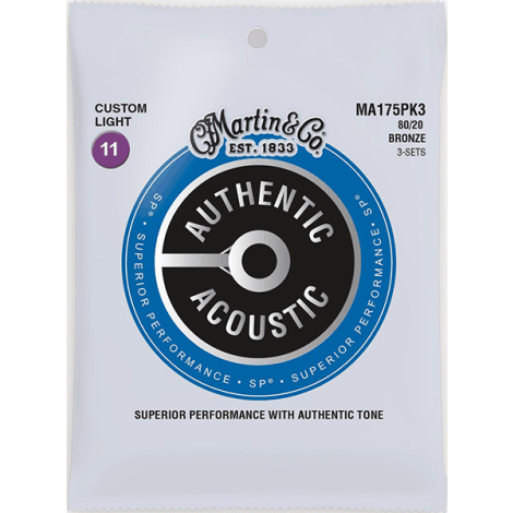 Martin Custom Light  11-52 3 Authentic Acoustic Guitar Strings Pack Bronze